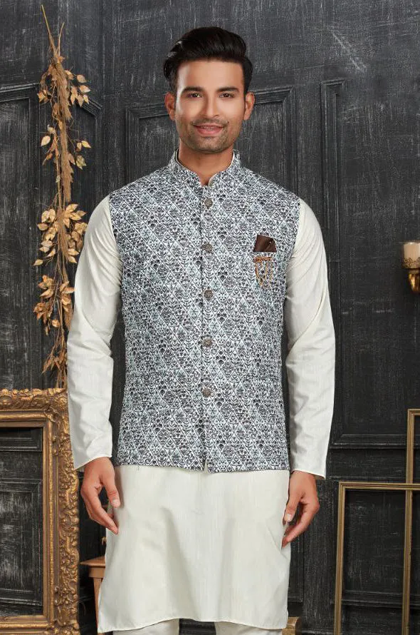 Charming Blue Colored Wedding Cotton Digital Print Kurta Pajama With Jacket Sets For Men