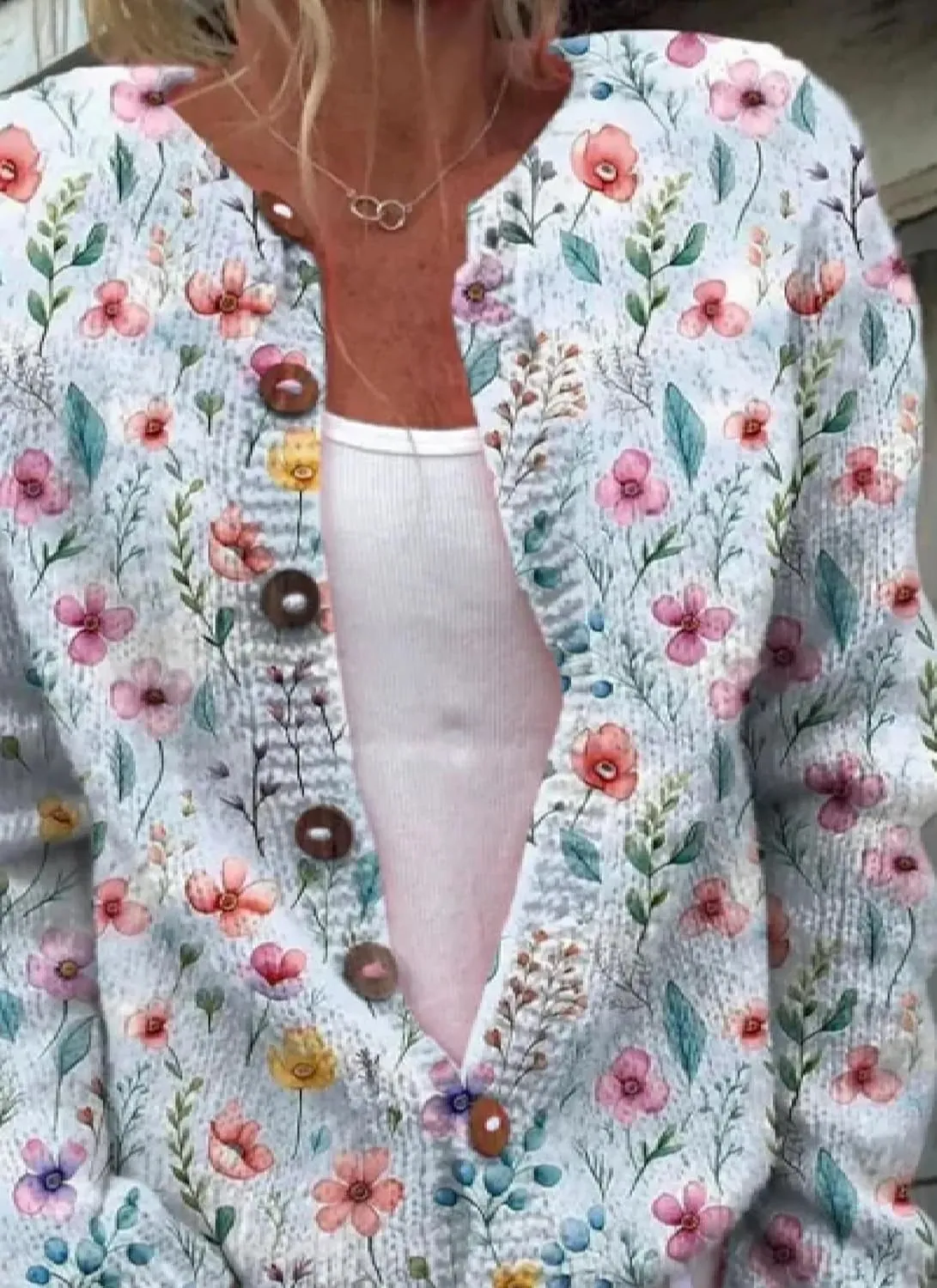 Chic Womens Floral Print Collarless Cardigan Long Sleeve Button Down Cardigan Knit Outwear Tops