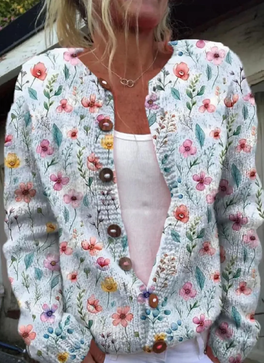 Chic Womens Floral Print Collarless Cardigan Long Sleeve Button Down Cardigan Knit Outwear Tops