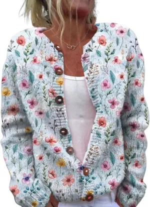 Chic Womens Floral Print Collarless Cardigan Long Sleeve Button Down Cardigan Knit Outwear Tops
