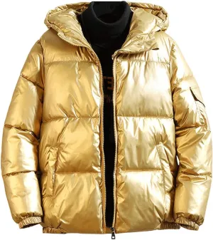 chouyatou Men's Casual Hooded Full Zip Metallic Shiny Short Bomber Alternative Down Coat