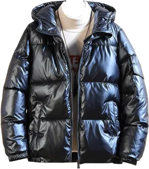 chouyatou Men's Casual Hooded Full Zip Metallic Shiny Short Bomber Alternative Down Coat