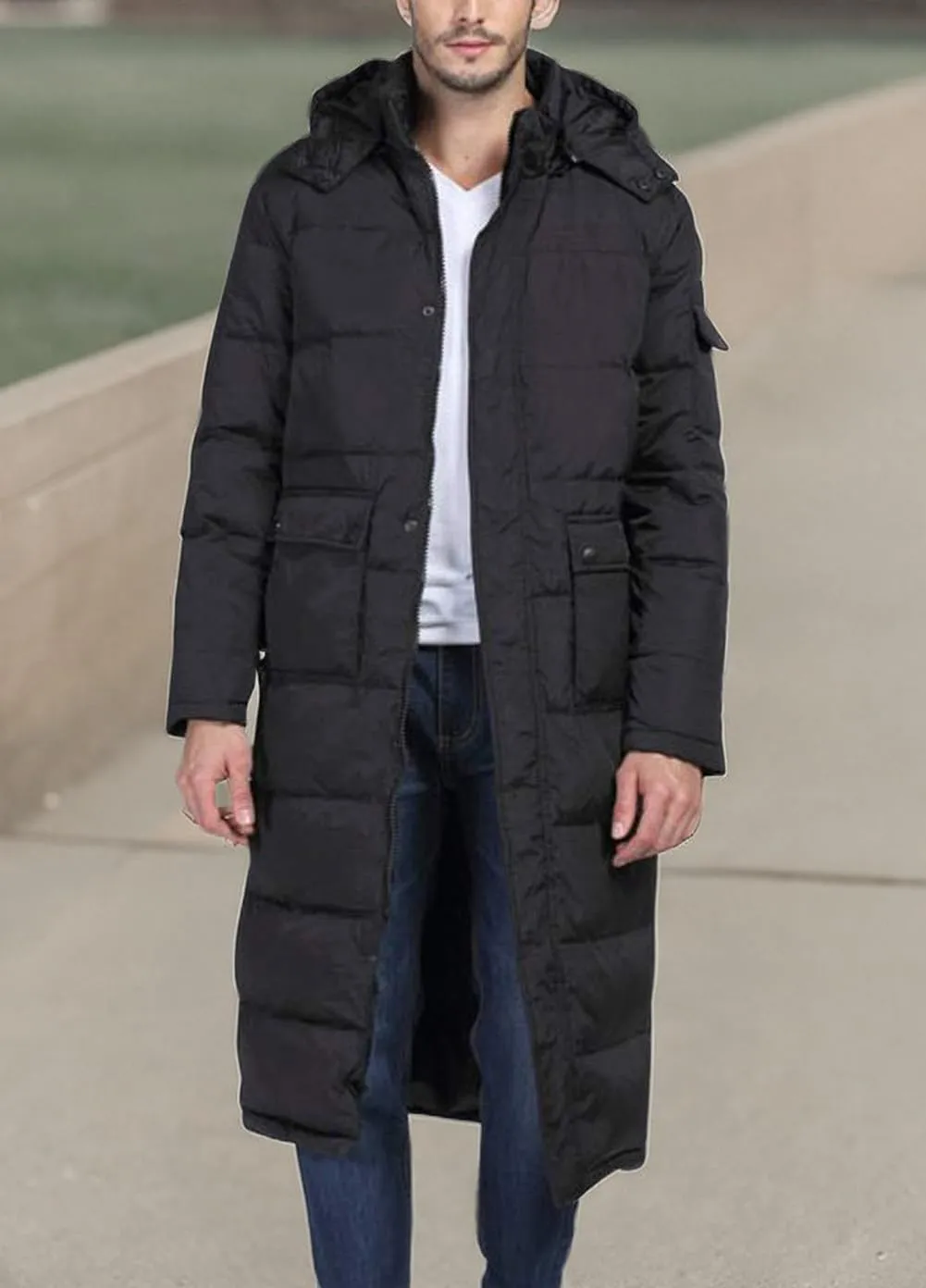 chouyatou Men's Classic Windproof Removable Hooded Long Winter Puffer Down Coat