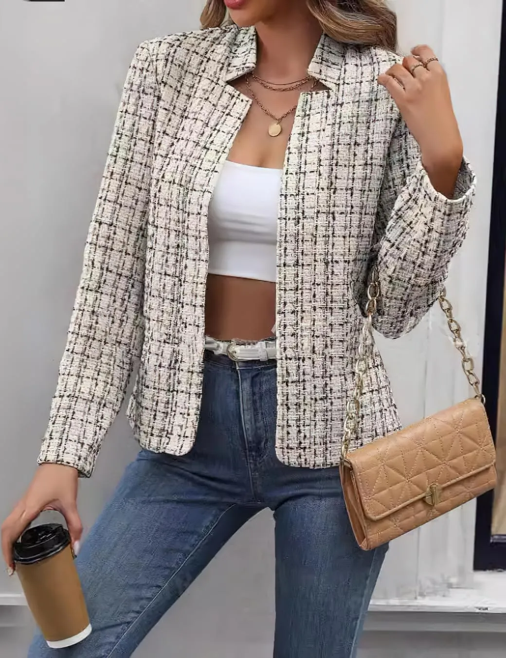 chouyatou Women's Fall Business Plaid Tweed Blazer Jacket Collarless Open Front Dressy Tweed Blazer Suit