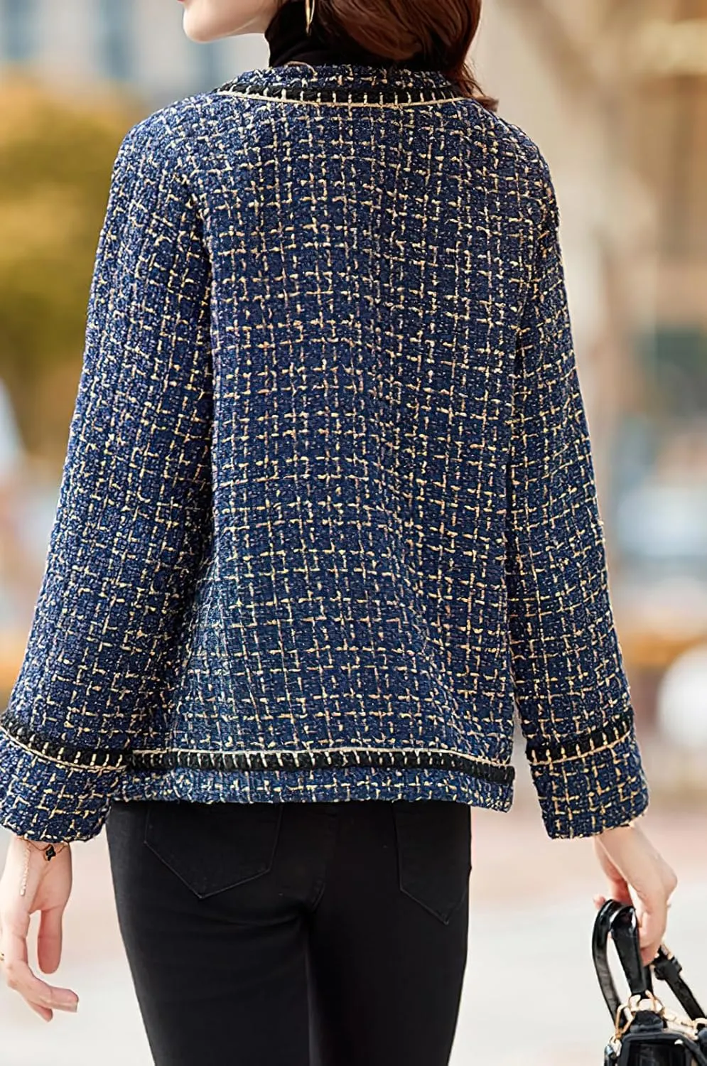 chouyatou Womens Fall Elegant Business Casual Plaid Tweed Blazer Jacket Open Front Dressy Tweed Suit Top
