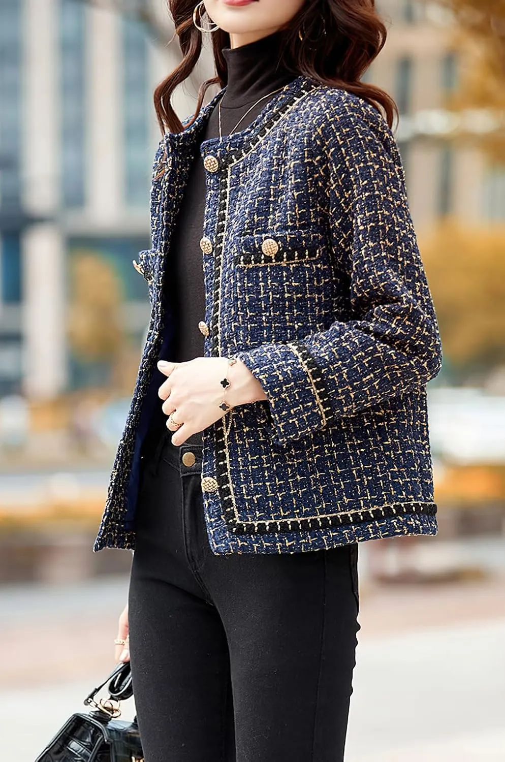 chouyatou Womens Fall Elegant Business Casual Plaid Tweed Blazer Jacket Open Front Dressy Tweed Suit Top