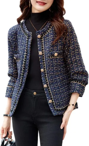 chouyatou Womens Fall Elegant Business Casual Plaid Tweed Blazer Jacket Open Front Dressy Tweed Suit Top