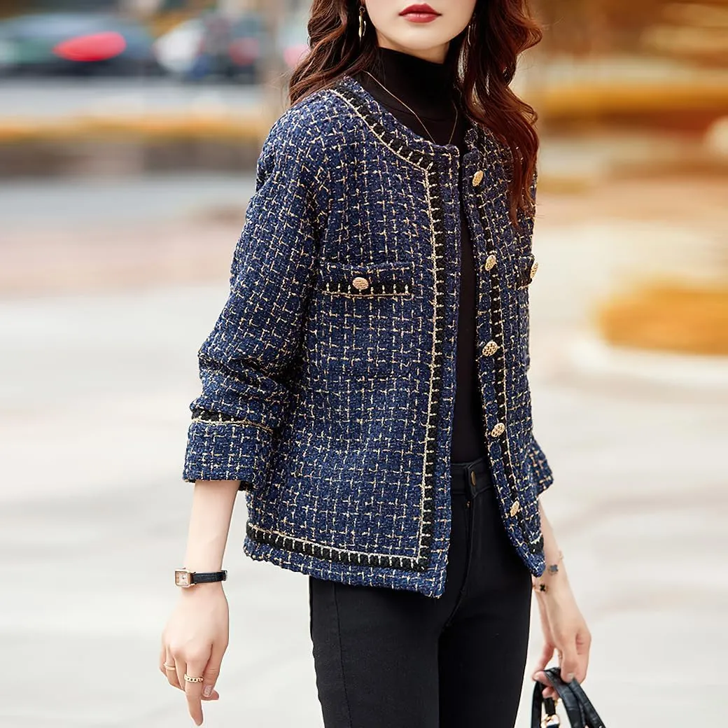chouyatou Womens Fall Elegant Business Casual Plaid Tweed Blazer Jacket Open Front Dressy Tweed Suit Top