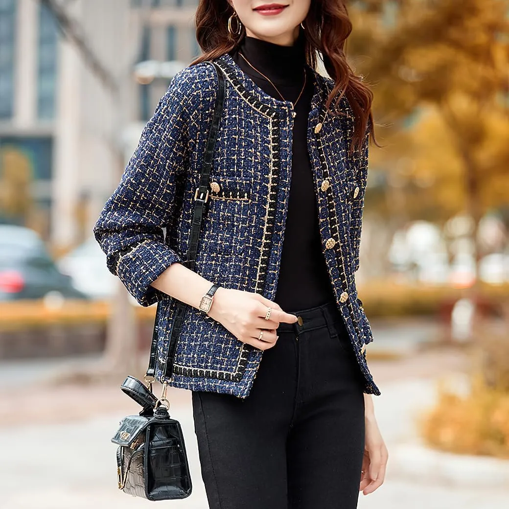 chouyatou Womens Fall Elegant Business Casual Plaid Tweed Blazer Jacket Open Front Dressy Tweed Suit Top