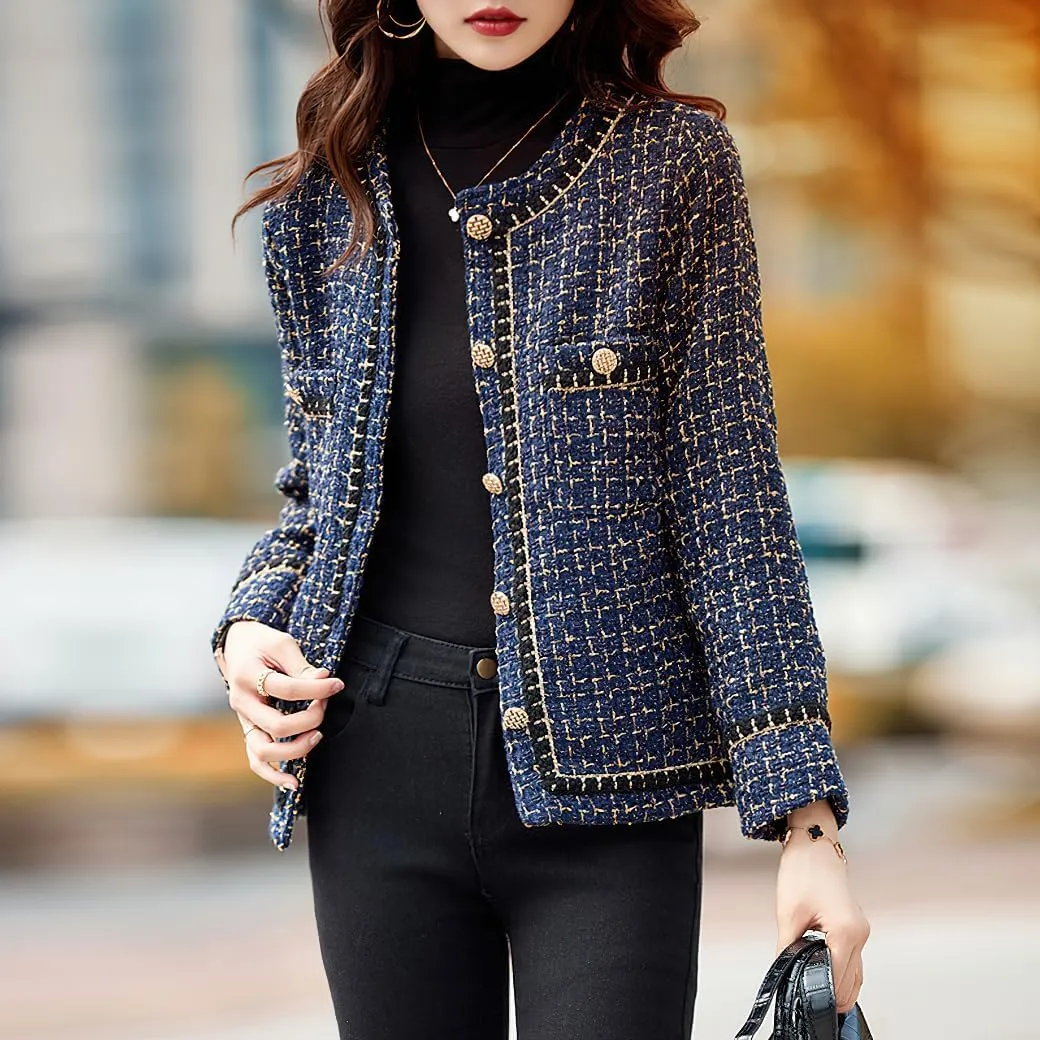 chouyatou Womens Fall Elegant Business Casual Plaid Tweed Blazer Jacket Open Front Dressy Tweed Suit Top