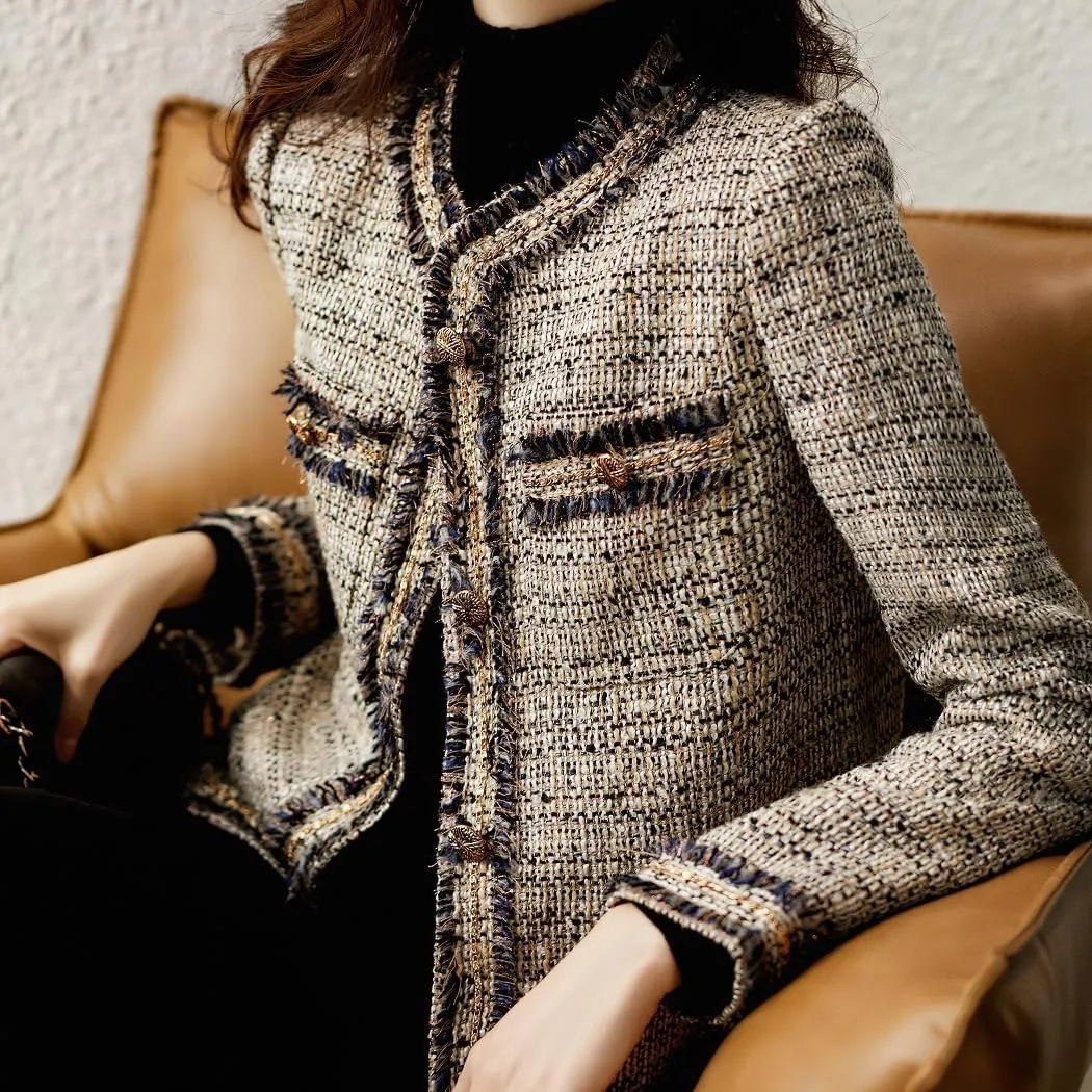 chouyatou Women's Fall Elegant Business Casual Tweed Blazer Work Jacket Tassel Raw Hem Open Front Suit Top