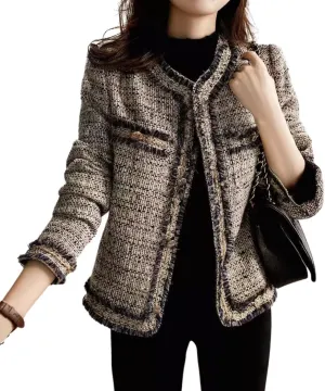 chouyatou Women's Fall Elegant Business Casual Tweed Blazer Work Jacket Tassel Raw Hem Open Front Suit Top