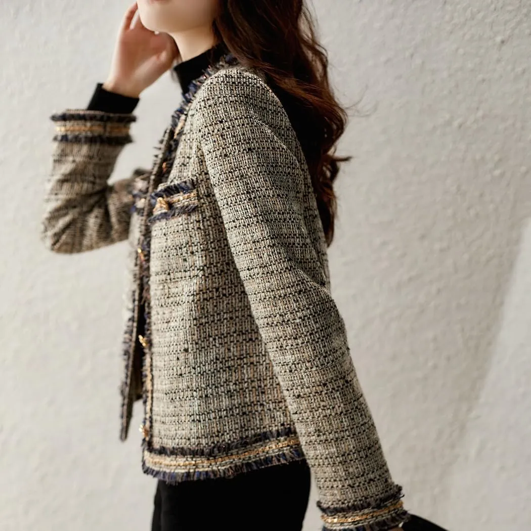 chouyatou Women's Fall Elegant Business Casual Tweed Blazer Work Jacket Tassel Raw Hem Open Front Suit Top
