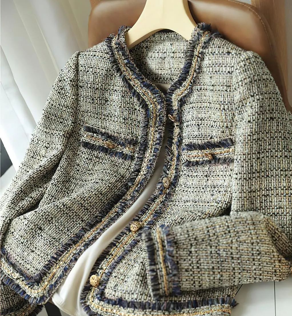 chouyatou Women's Fall Elegant Business Casual Tweed Blazer Work Jacket Tassel Raw Hem Open Front Suit Top