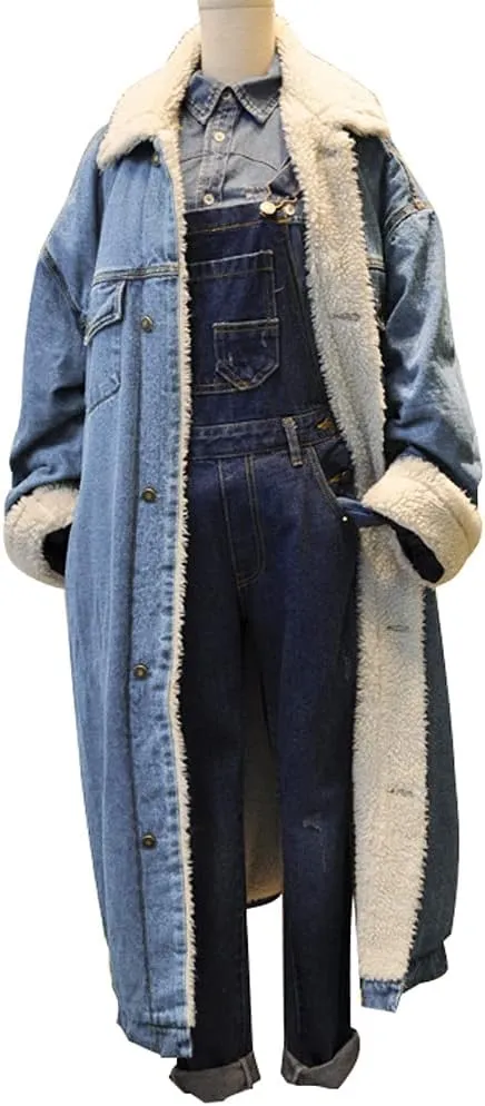 chouyatou Women's Winter Windproof Sherpa Lined Long Denim Coat Trucker Jacket