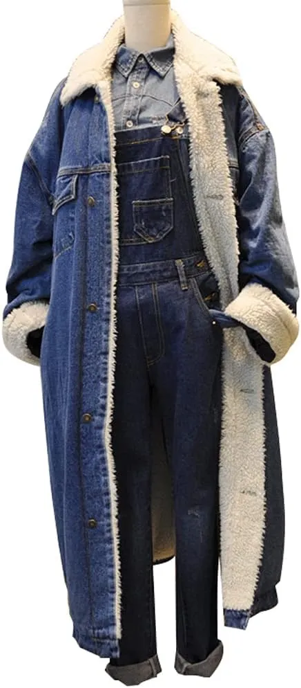 chouyatou Women's Winter Windproof Sherpa Lined Long Denim Coat Trucker Jacket