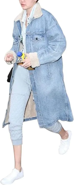 chouyatou Women's Winter Windproof Sherpa Lined Long Denim Coat Trucker Jacket