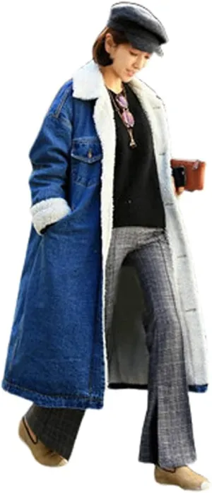 chouyatou Women's Winter Windproof Sherpa Lined Long Denim Coat Trucker Jacket