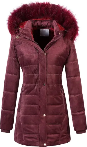 Chrisuno Women's Warm Winter Coat Velvet Puffer Jacket Quilted Faux Fur Hood