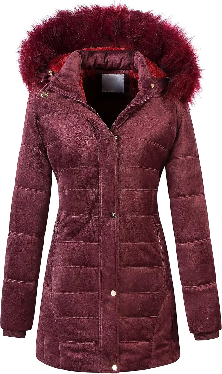 Chrisuno Women's Warm Winter Coat Velvet Puffer Jacket Quilted Faux Fur Hood