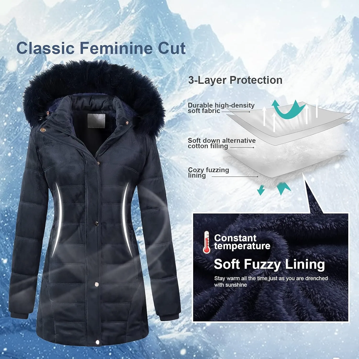 Chrisuno Women's Warm Winter Coat Velvet Puffer Jacket Quilted Faux Fur Hood