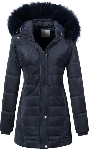 Chrisuno Women's Warm Winter Coat Velvet Puffer Jacket Quilted Faux Fur Hood