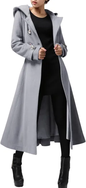 Cicy Bell Womens Long Double-Breasted Hooded Coat Winter Warm Wool Trench Coat with Belts