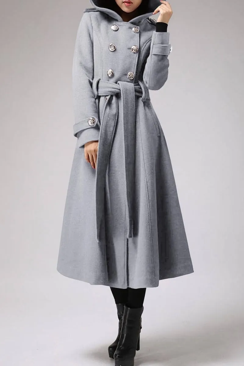 Cicy Bell Womens Long Double-Breasted Hooded Coat Winter Warm Wool Trench Coat with Belts