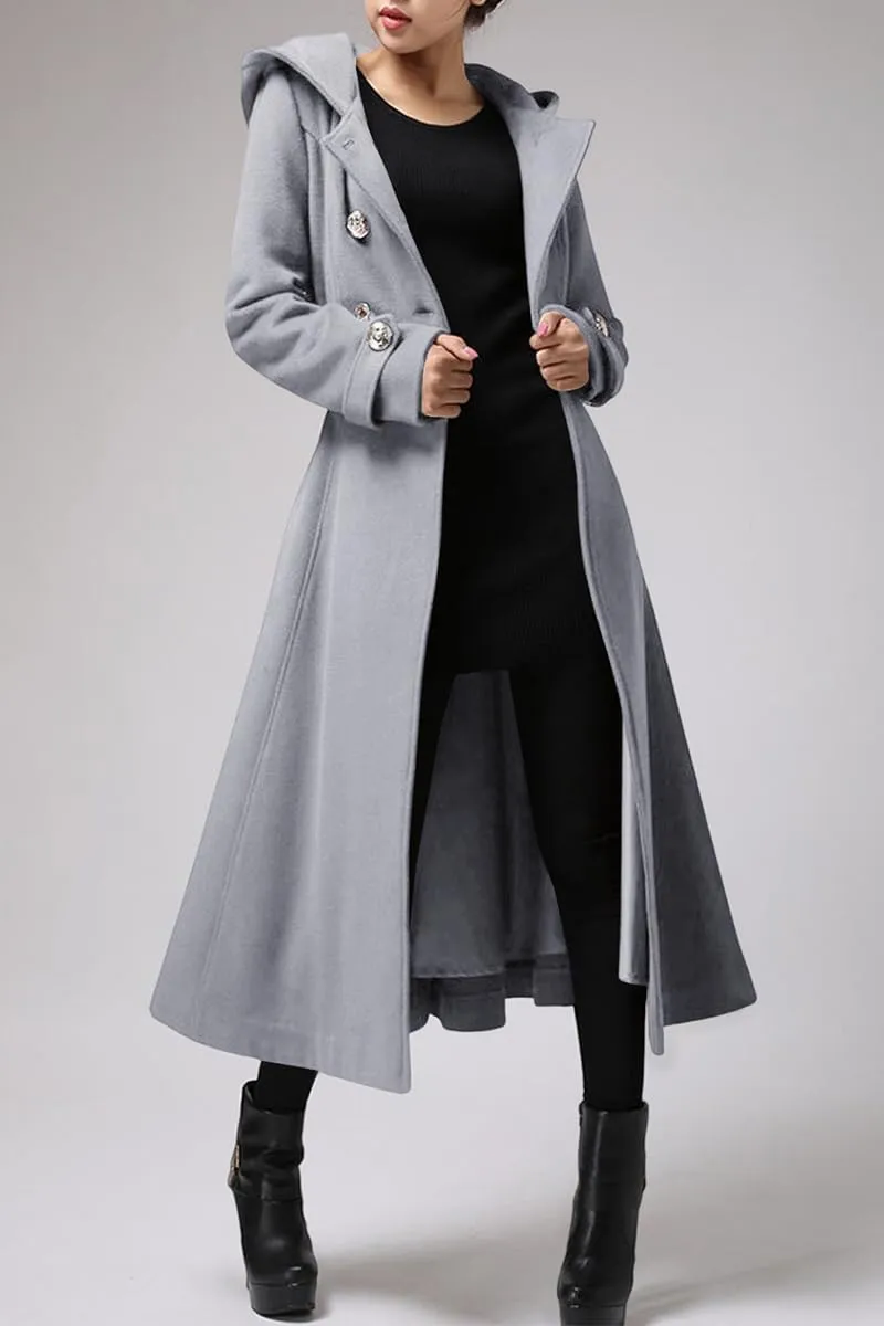 Cicy Bell Womens Long Double-Breasted Hooded Coat Winter Warm Wool Trench Coat with Belts
