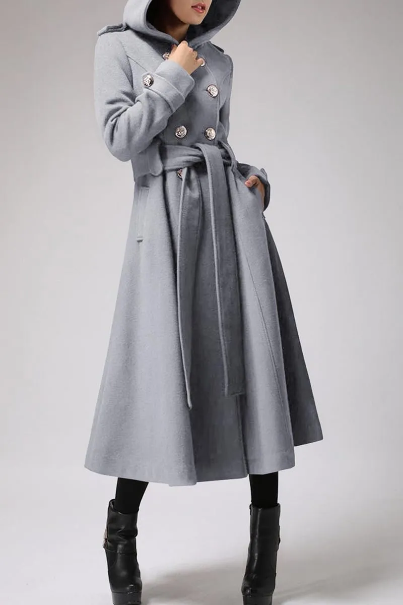 Cicy Bell Womens Long Double-Breasted Hooded Coat Winter Warm Wool Trench Coat with Belts
