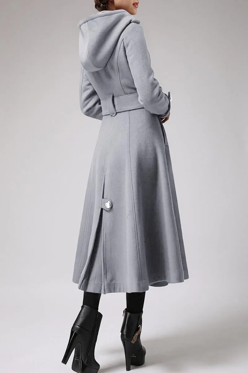 Cicy Bell Womens Long Double-Breasted Hooded Coat Winter Warm Wool Trench Coat with Belts