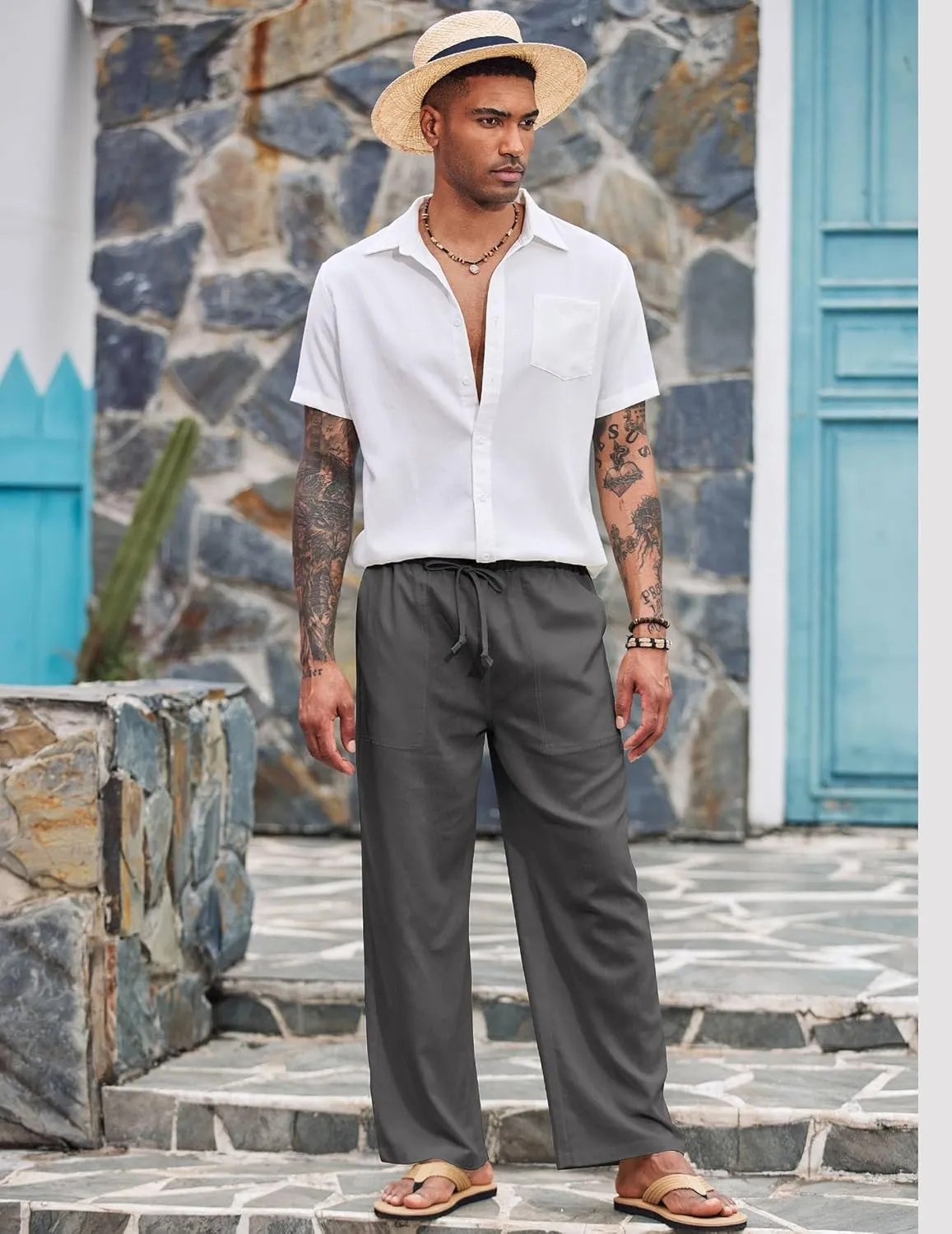 COOFANDY Mens Casual Linen Pants Elastic Waist Linen Pants Drawstring Summer Beach Yoga Linen Trouser