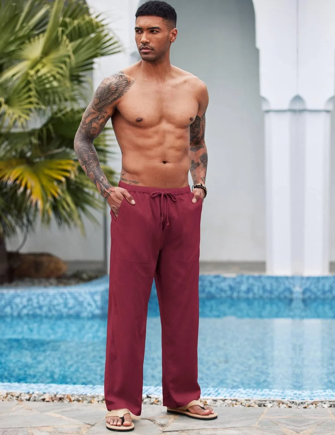 COOFANDY Mens Casual Linen Pants Elastic Waist Linen Pants Drawstring Summer Beach Yoga Linen Trouser