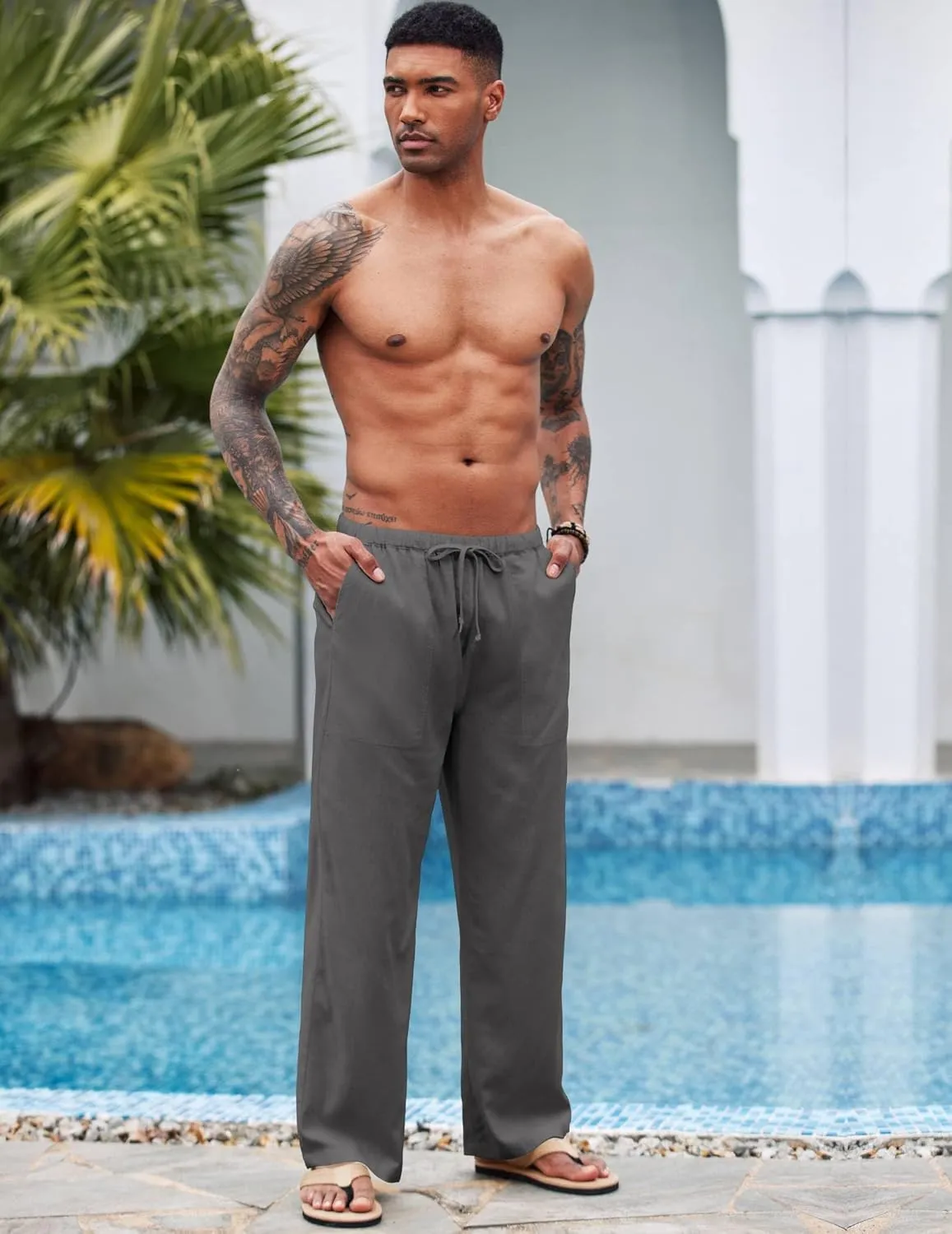 COOFANDY Mens Casual Linen Pants Elastic Waist Linen Pants Drawstring Summer Beach Yoga Linen Trouser