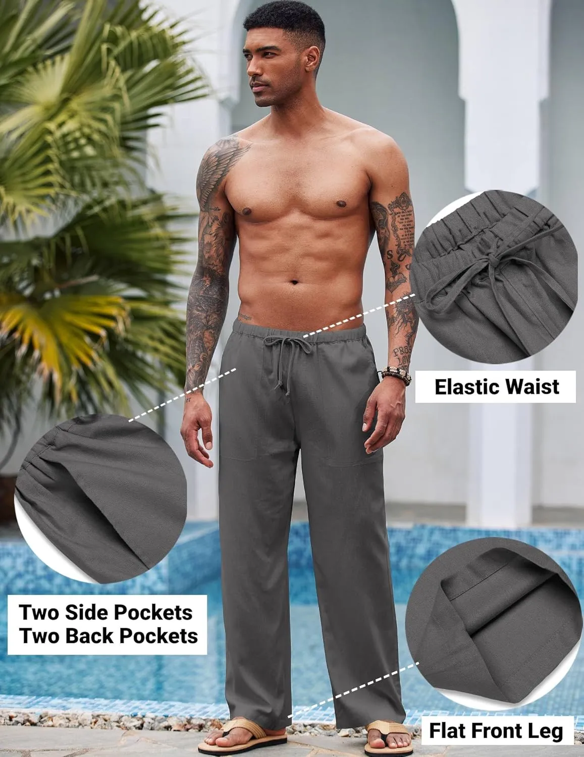 COOFANDY Mens Casual Linen Pants Elastic Waist Linen Pants Drawstring Summer Beach Yoga Linen Trouser