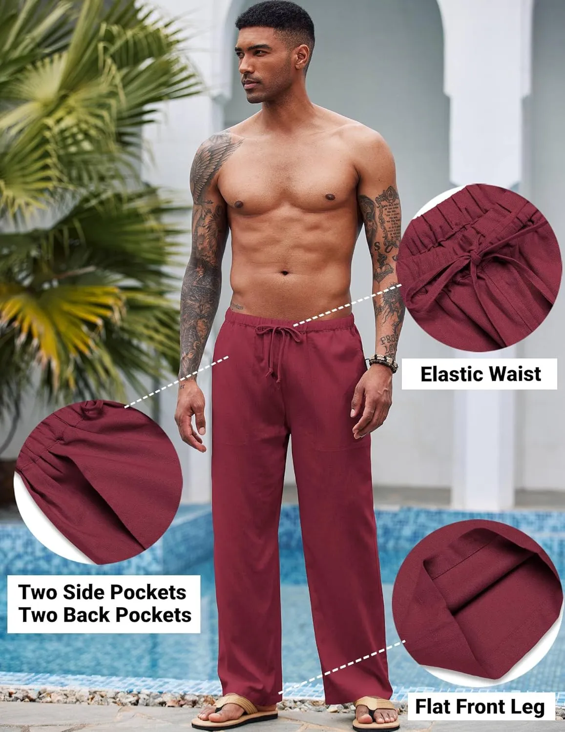 COOFANDY Mens Casual Linen Pants Elastic Waist Linen Pants Drawstring Summer Beach Yoga Linen Trouser