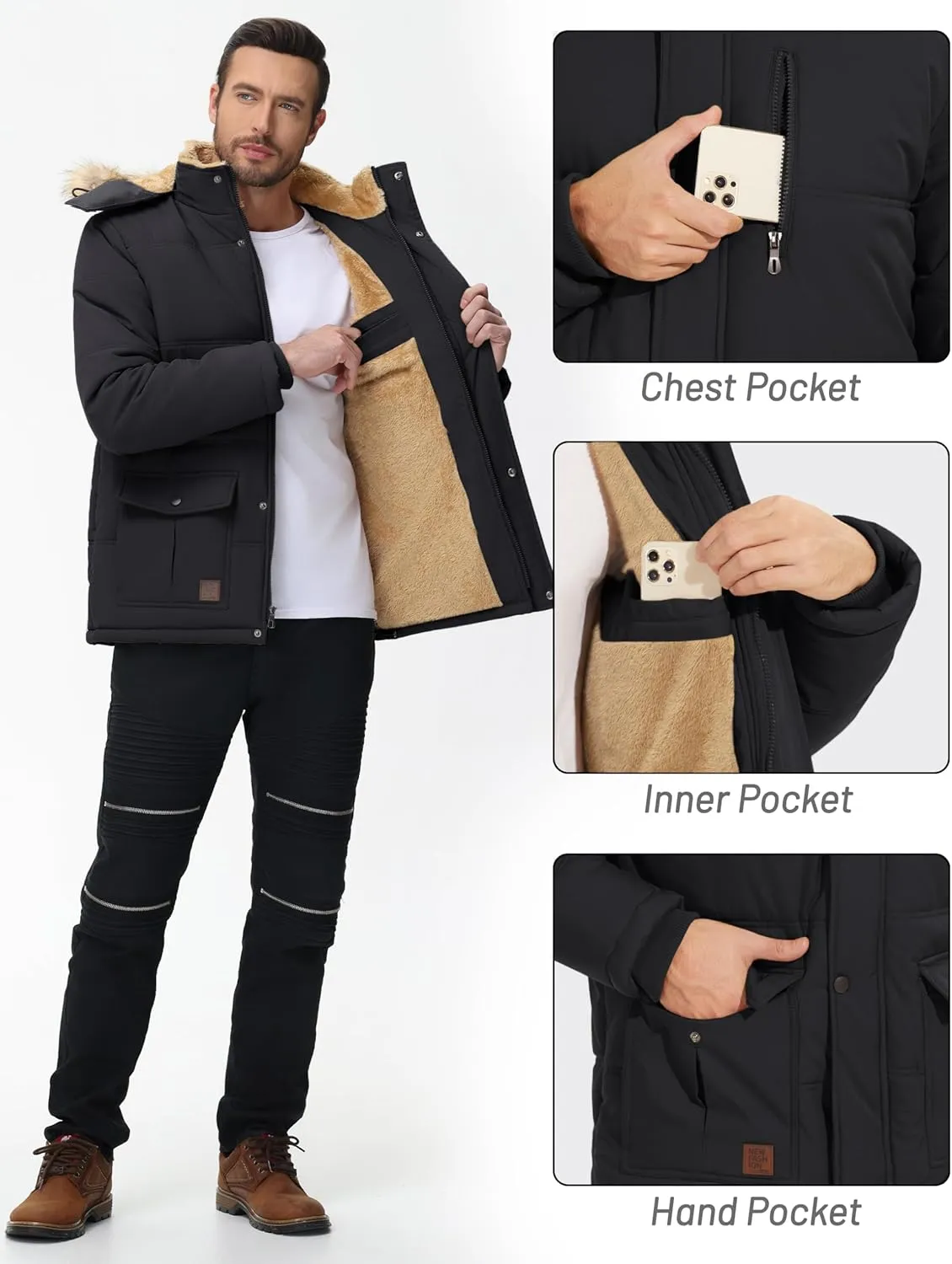 Cotrasen Mens Winter Jacket Thicken Warm Fleece Lined Hoodie Water Repellent Windproof Parka Winter Coat with Pockets