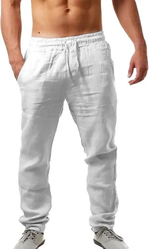 Cotton Linen Pants Men Casual Drawstring Summer Beach Pants Lightweight Breathable Flat Front Trouser with Pockets