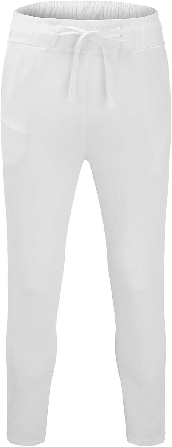 Cotton Linen Pants Men Casual Drawstring Summer Beach Pants Lightweight Breathable Flat Front Trouser with Pockets