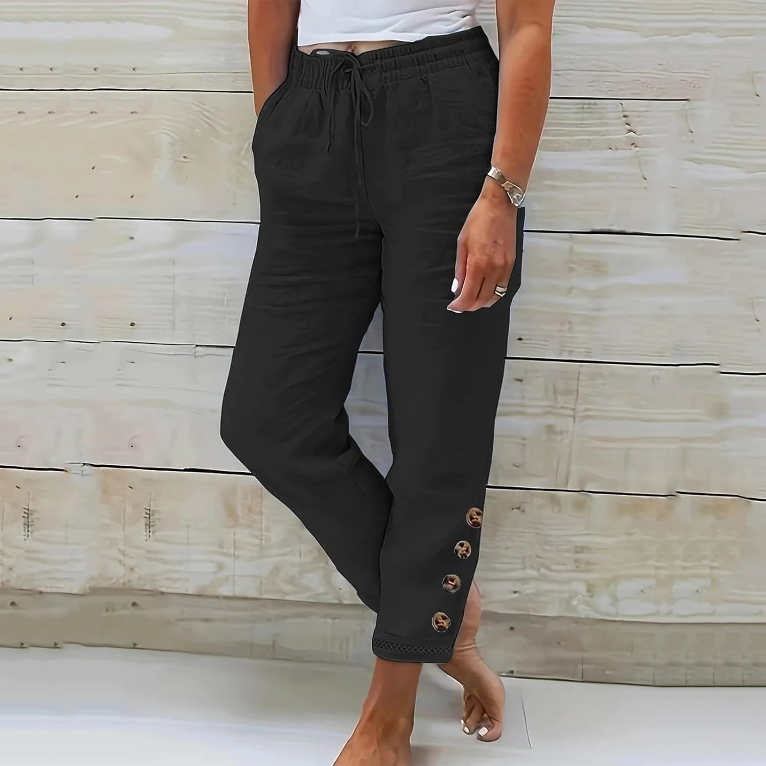 Cotton Linen Straight Leg Pants for Women Casual Drawstring Elastic Waist Trousers with Pockets Summer Lounge Pant