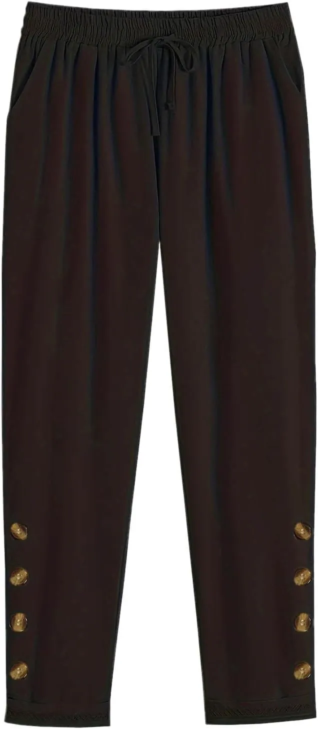 Cotton Linen Straight Leg Pants for Women Casual Drawstring Elastic Waist Trousers with Pockets Summer Lounge Pant