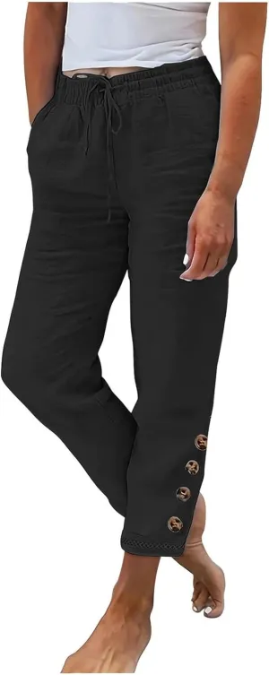 Cotton Linen Straight Leg Pants for Women Casual Drawstring Elastic Waist Trousers with Pockets Summer Lounge Pant
