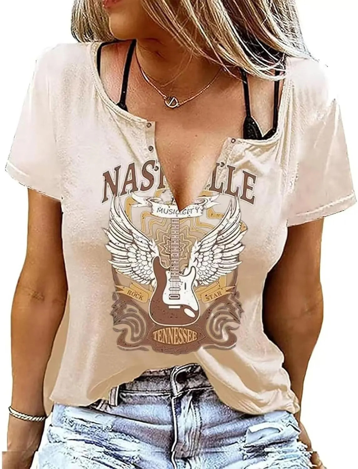 Country Music City Tour Guitar O-Neck T-Shirt Rock Roll Tshirt Vintage Letter Print Graphic Women Summer Casual Tshirt