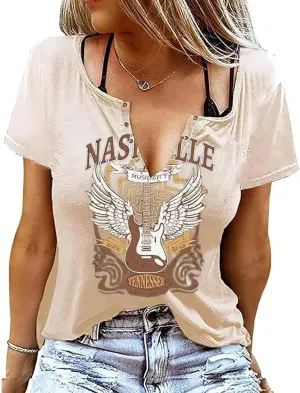 Country Music City Tour Guitar O-Neck T-Shirt Rock Roll Tshirt Vintage Letter Print Graphic Women Summer Casual Tshirt