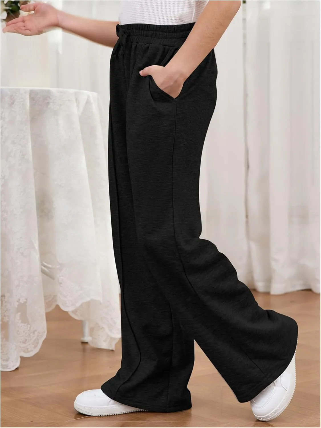 COZYEASE Girl's Wide Leg Sweatpants Elastic Waist Drawstring Straight Leg Baggy Jogger Pants with Pocket