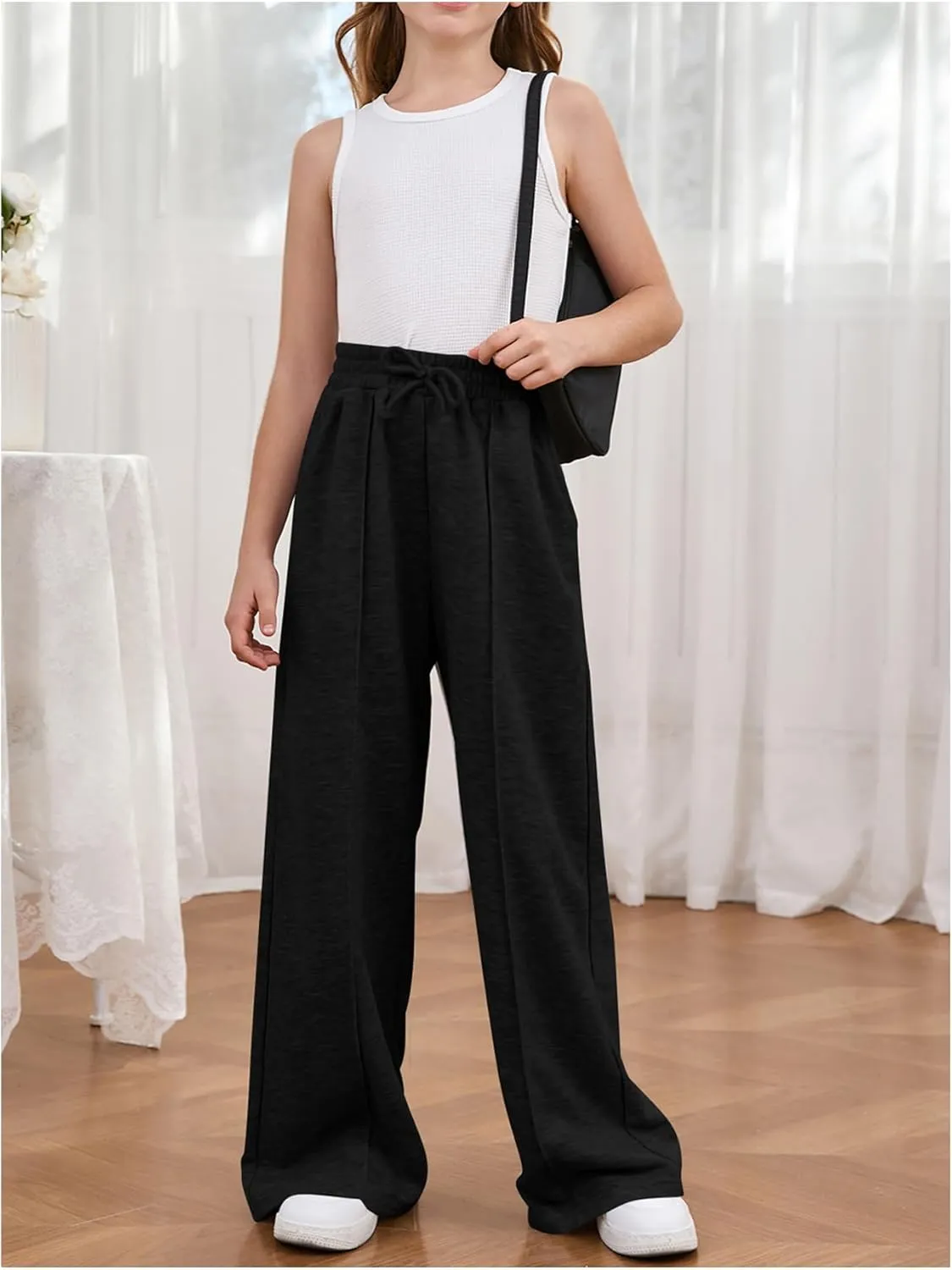COZYEASE Girl's Wide Leg Sweatpants Elastic Waist Drawstring Straight Leg Baggy Jogger Pants with Pocket