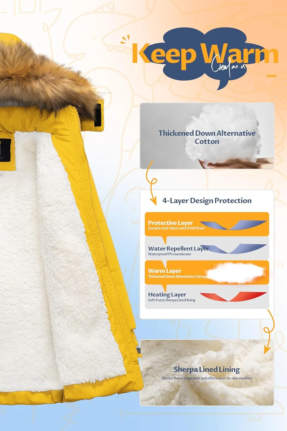CREATMO US Boy's Sherpa Long Parka Winter Coat Thicken Water Repellent Puffer Jacket With Removable Faux Fur Hood