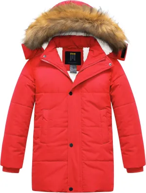 CREATMO US Boy's Sherpa Long Parka Winter Coat Thicken Water Repellent Puffer Jacket With Removable Faux Fur Hood