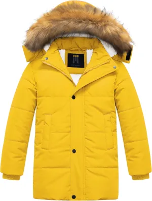 CREATMO US Boy's Sherpa Long Parka Winter Coat Thicken Water Repellent Puffer Jacket With Removable Faux Fur Hood