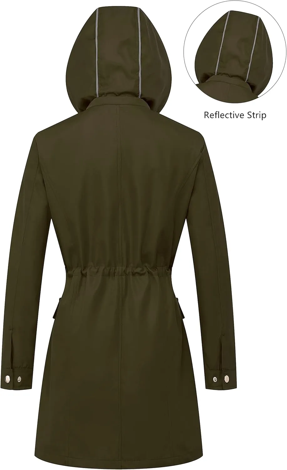 CREATMO US Women's Plus Size Water-Resistant Trench Coat Long Windbreaker Military Jacket with Reflective Removable Hood